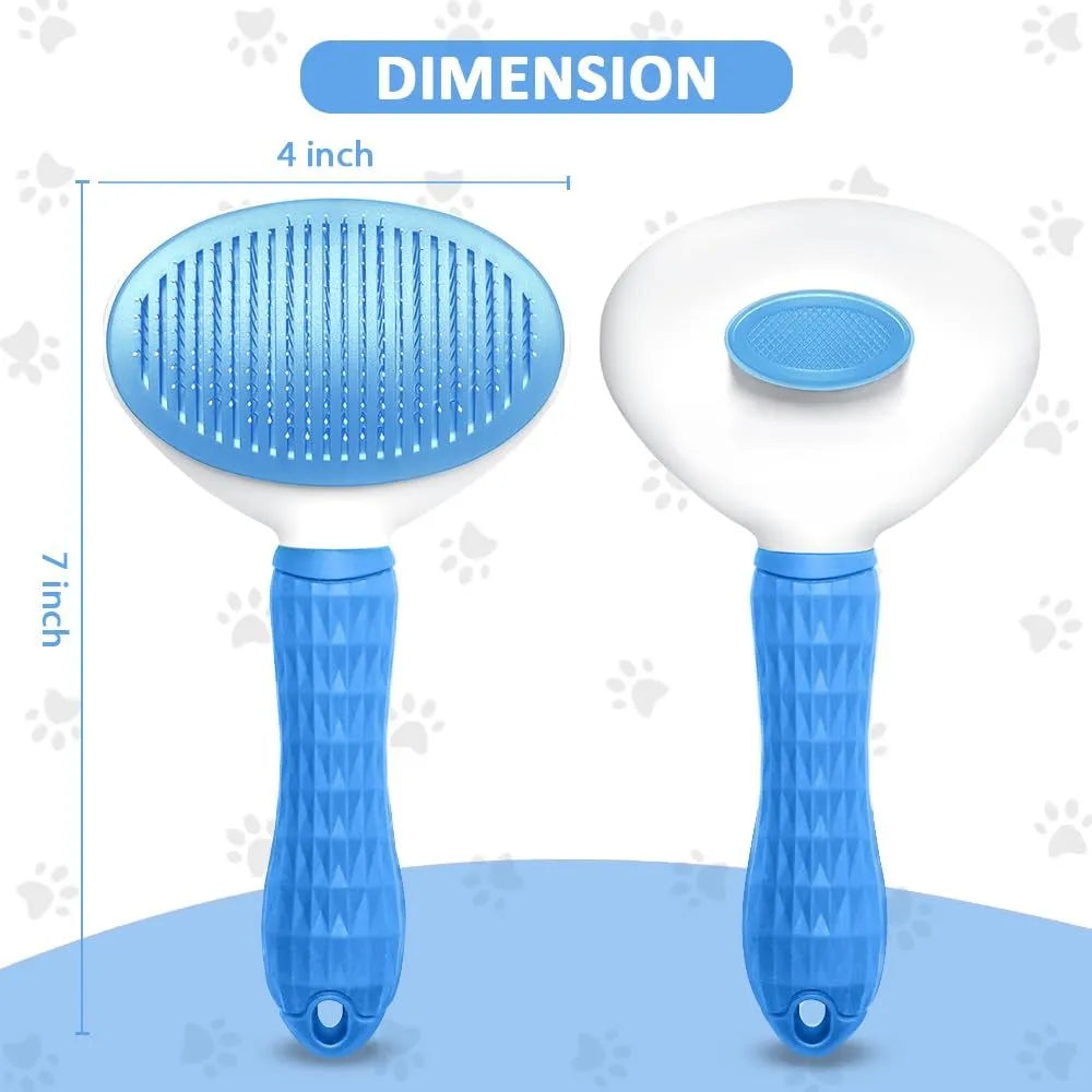 Blue cat brush with a release button and fine wire bristles for removing loose fur