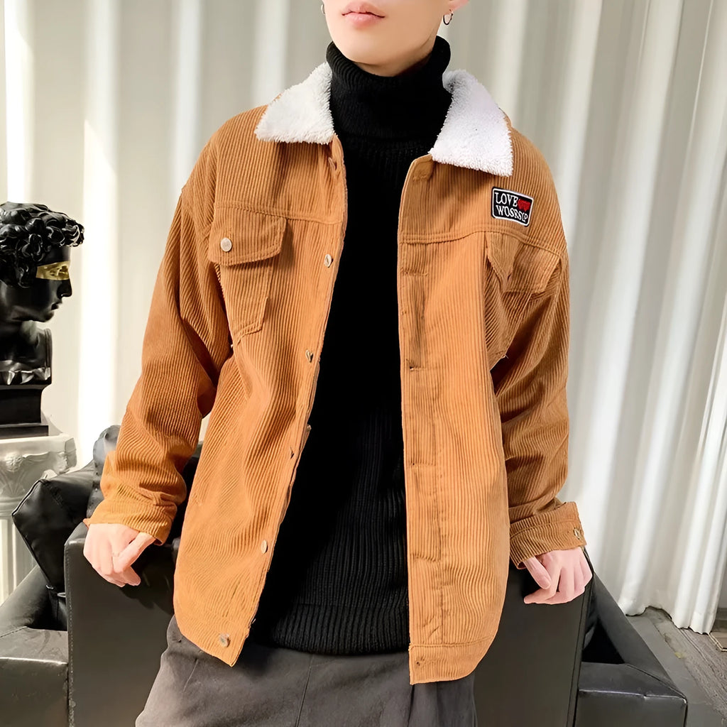 Men's loose fit corduroy workwear jacket in khaki with stick pockets
