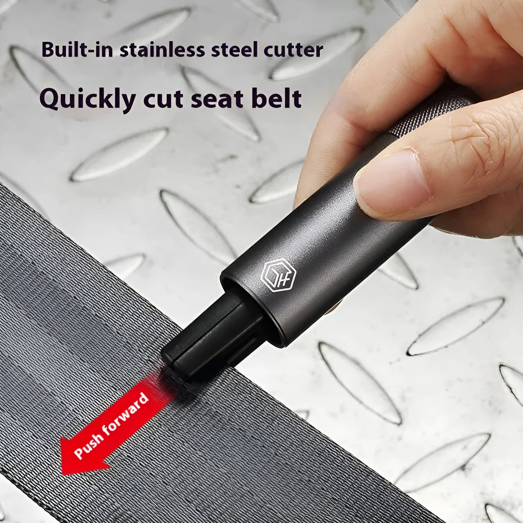 Gun grey aluminium alloy car safety hammer measuring 87mm with seatbelt cutter and test glass
