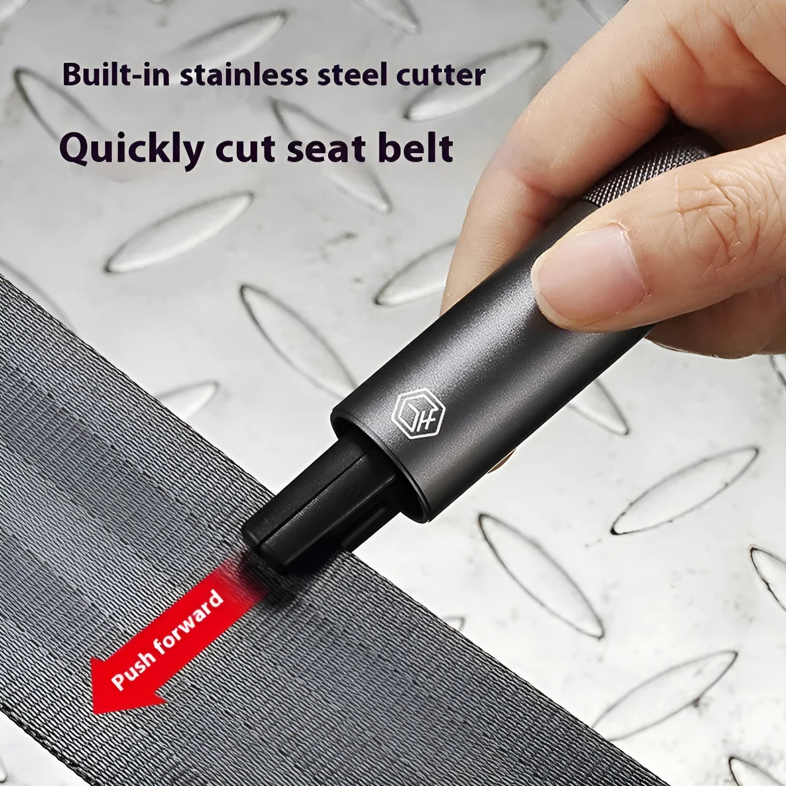 Gun grey aluminium alloy car safety hammer measuring 87mm with seatbelt cutter and test glass