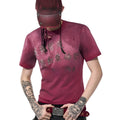 Men's red distressed slim fit T-shirt with short sleeves and round neck collar