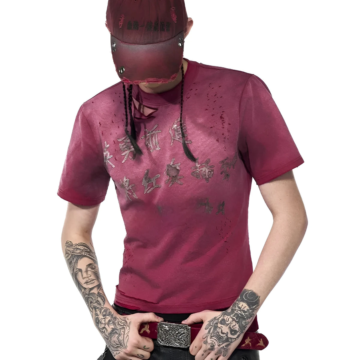 Men's red distressed slim fit T-shirt with short sleeves and round neck collar