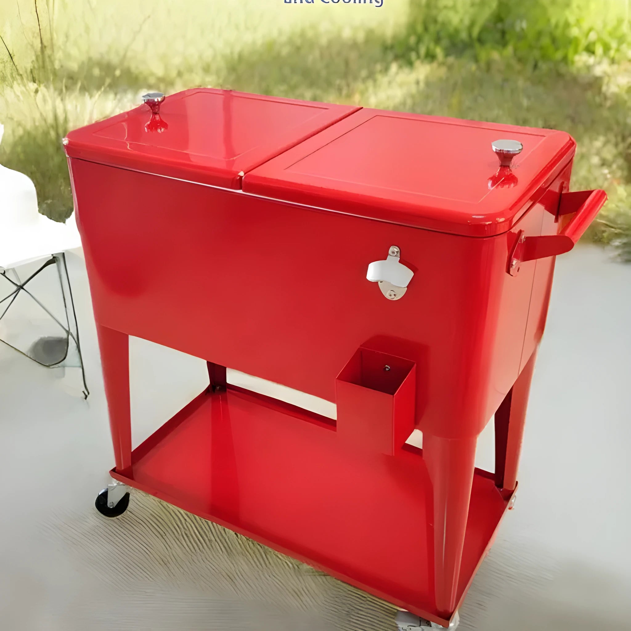 Red outdoor metal heat preservation cart with trolley wheels and insulated box for ice storage