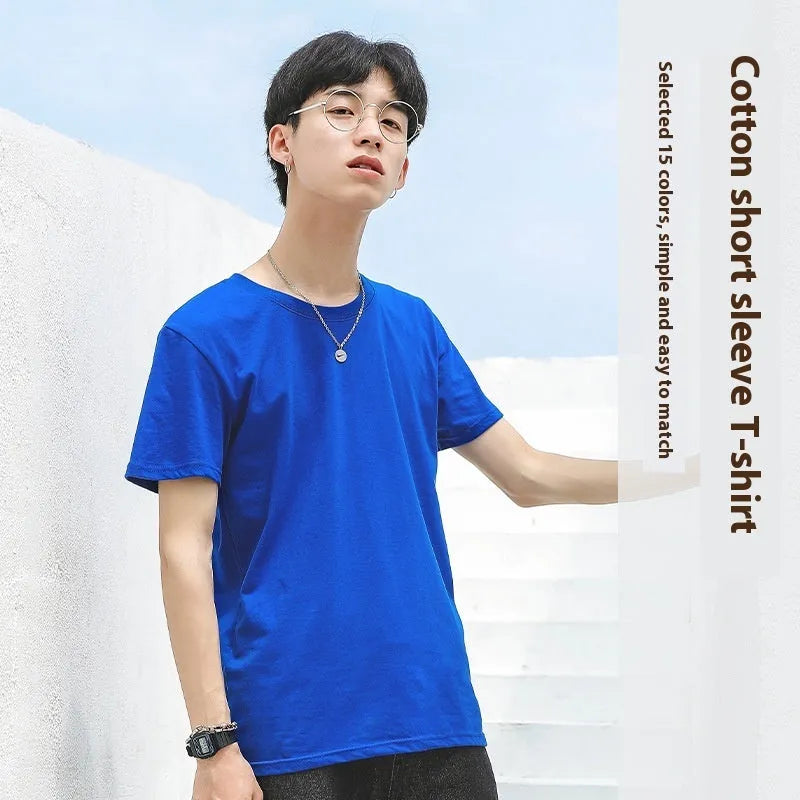 Men's solid colour combed cotton round neck T-shirt on a hanger