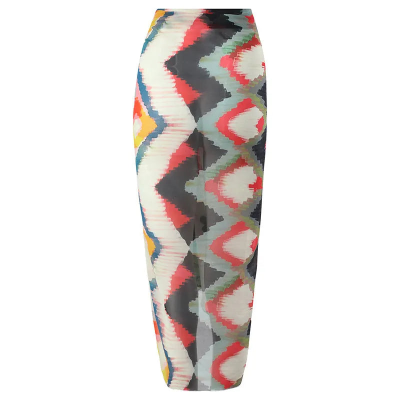 Women's striped two-piece swimsuit set with a matching hip skirt on a neutral background