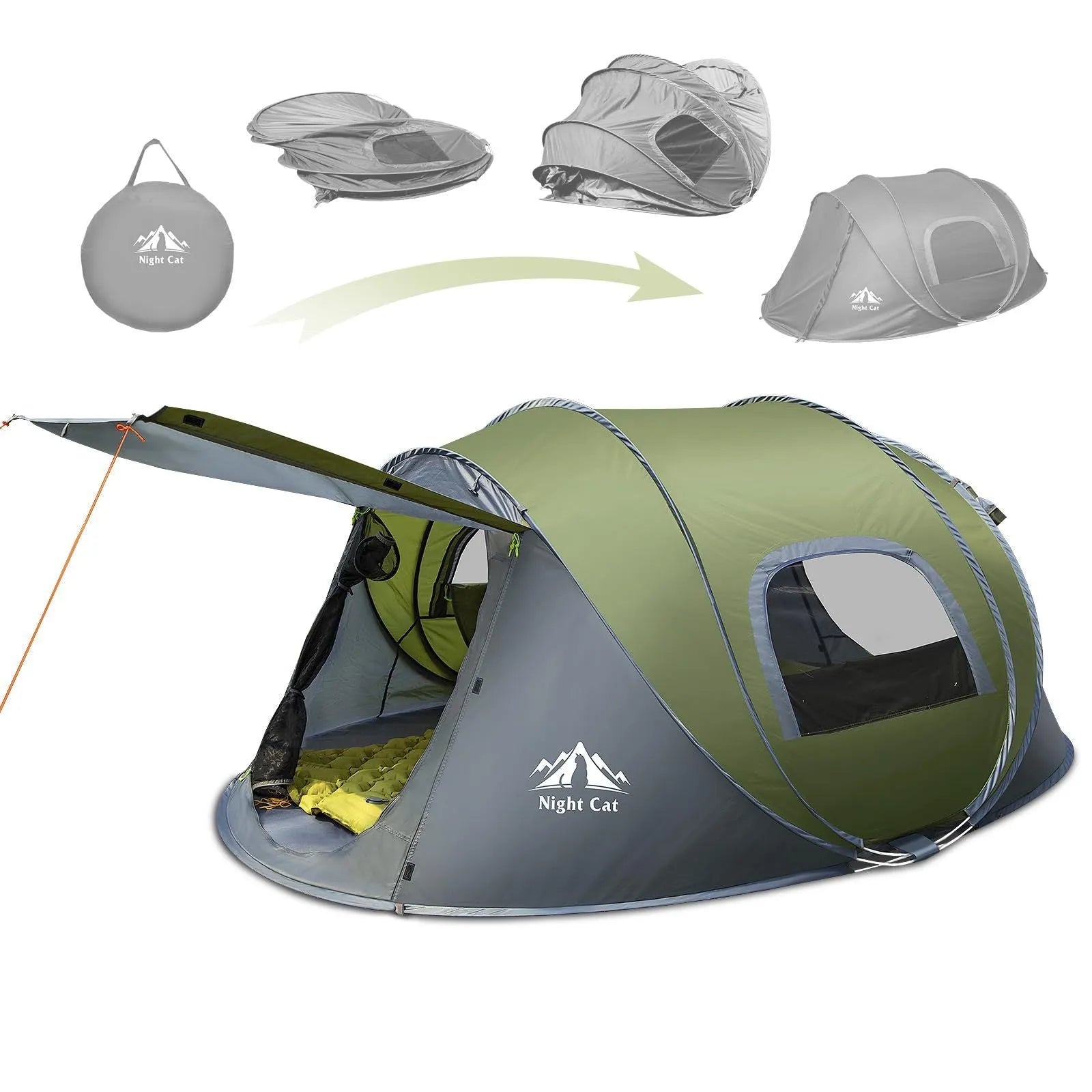 Dark green automatic instant pop-up camping tent for 2 people with dimensions 2.9m long by 2m wide