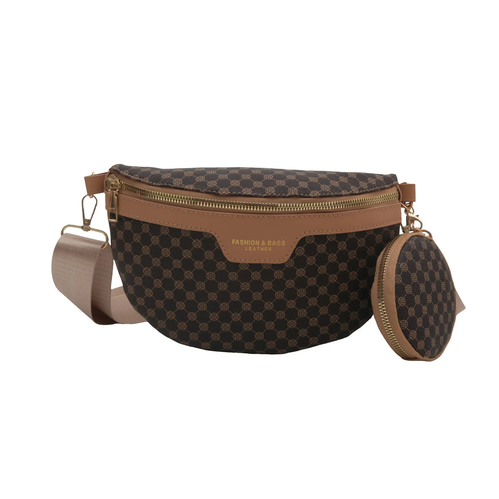 PU retro print crossbody bag with mobile phone compartment and sandwich pocket in black, brown, or coffee