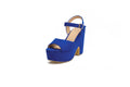 Black suede women's platform sandals with an ankle strap and open toe.