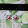 Handmade geometric Miao silver earrings with turquoise stones and ethnic patterns in three colour options