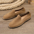 Handmade men's low-top casual shoes in khaki cowhide leather with a flat wedge rubber sole.