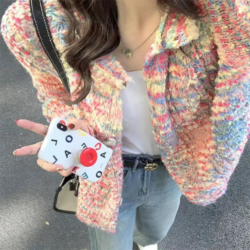 Retro gentle idle style knitted rainbow sweater cardigan in pink or green ice cream colours