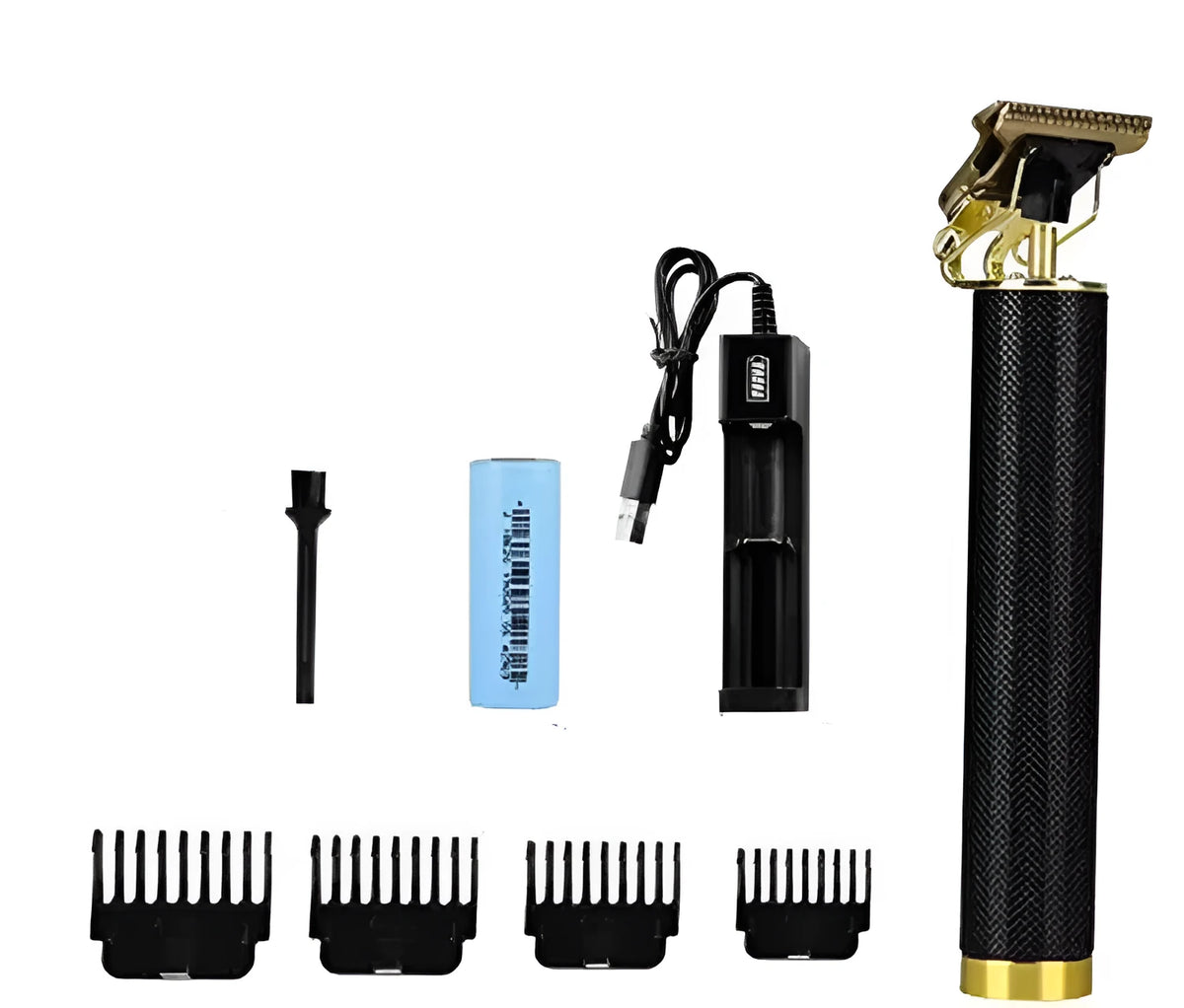 Black USB rechargeable electric hair clipper kit with gold steel blades and four comb attachments