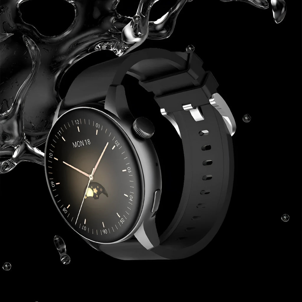 Smart watch with 1.3-inch colour touch screen in a stainless steel case, shown in black, pink, and silver colours