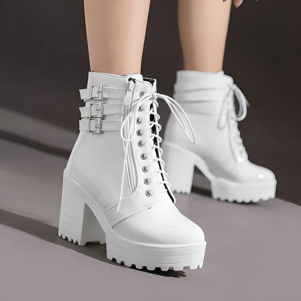 Women's black thick-heeled ankle boots with round toe and front lace-up design