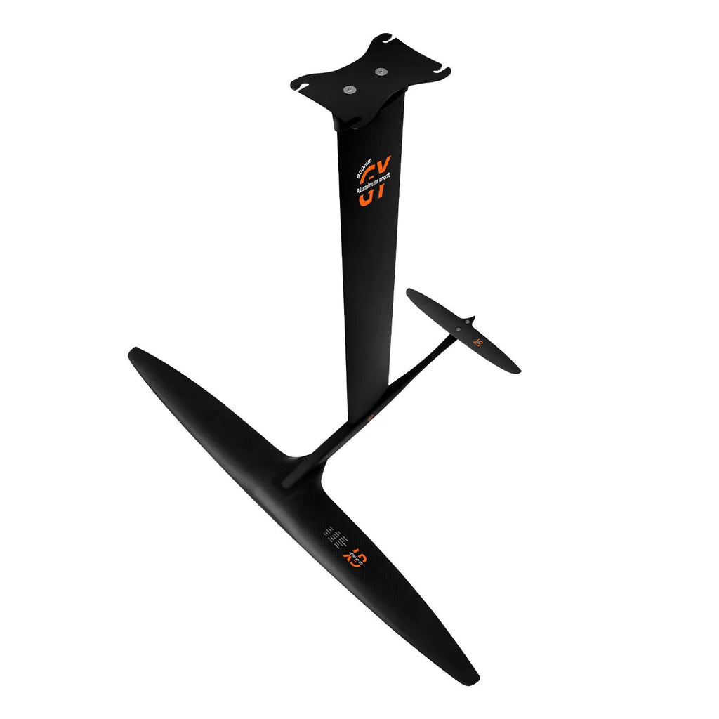 Black carbon fibre hydrofoil surfboard with large aluminium alloy front wing