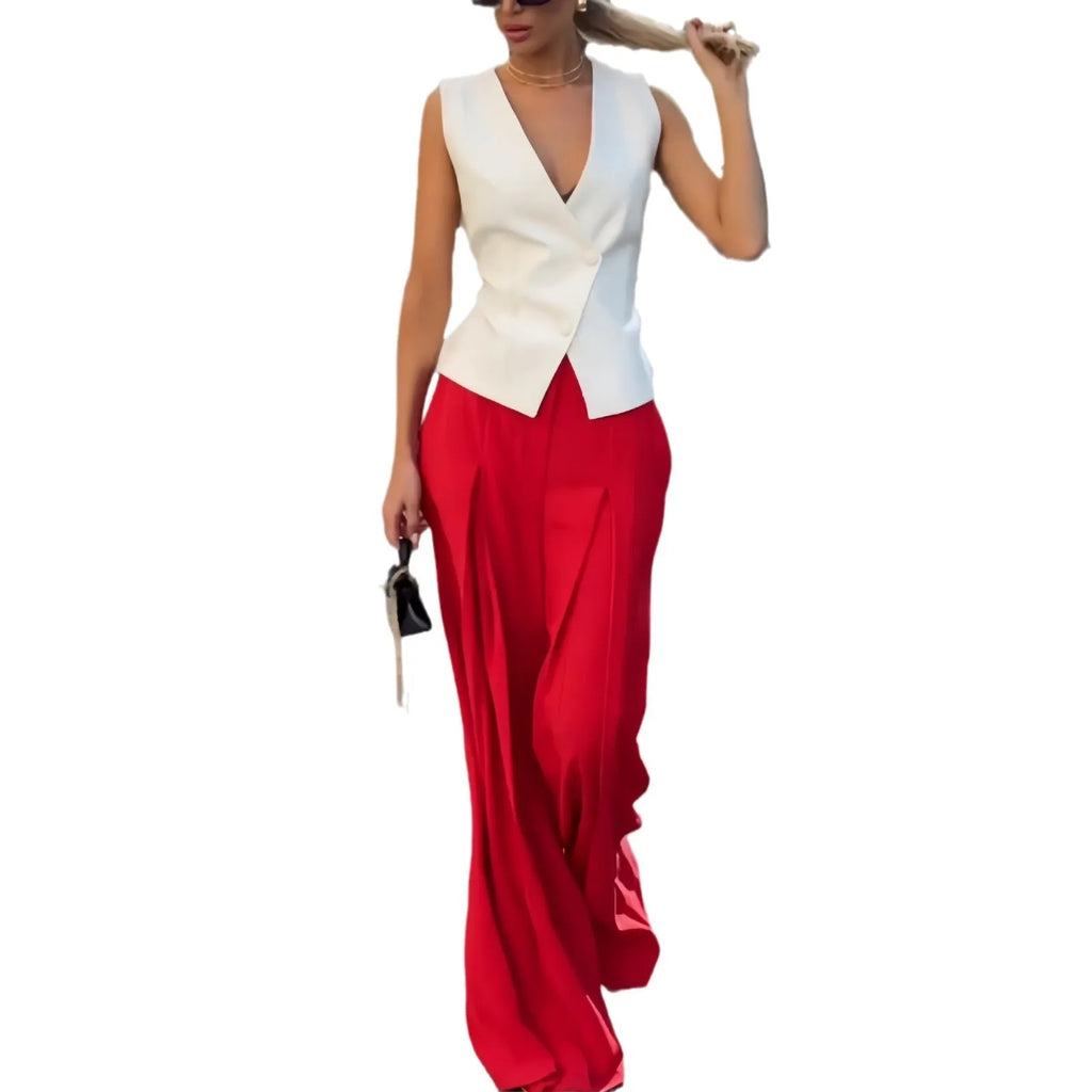 Women's beige two-piece set with deep V-neck sleeveless top and high-waist wide-leg trousers