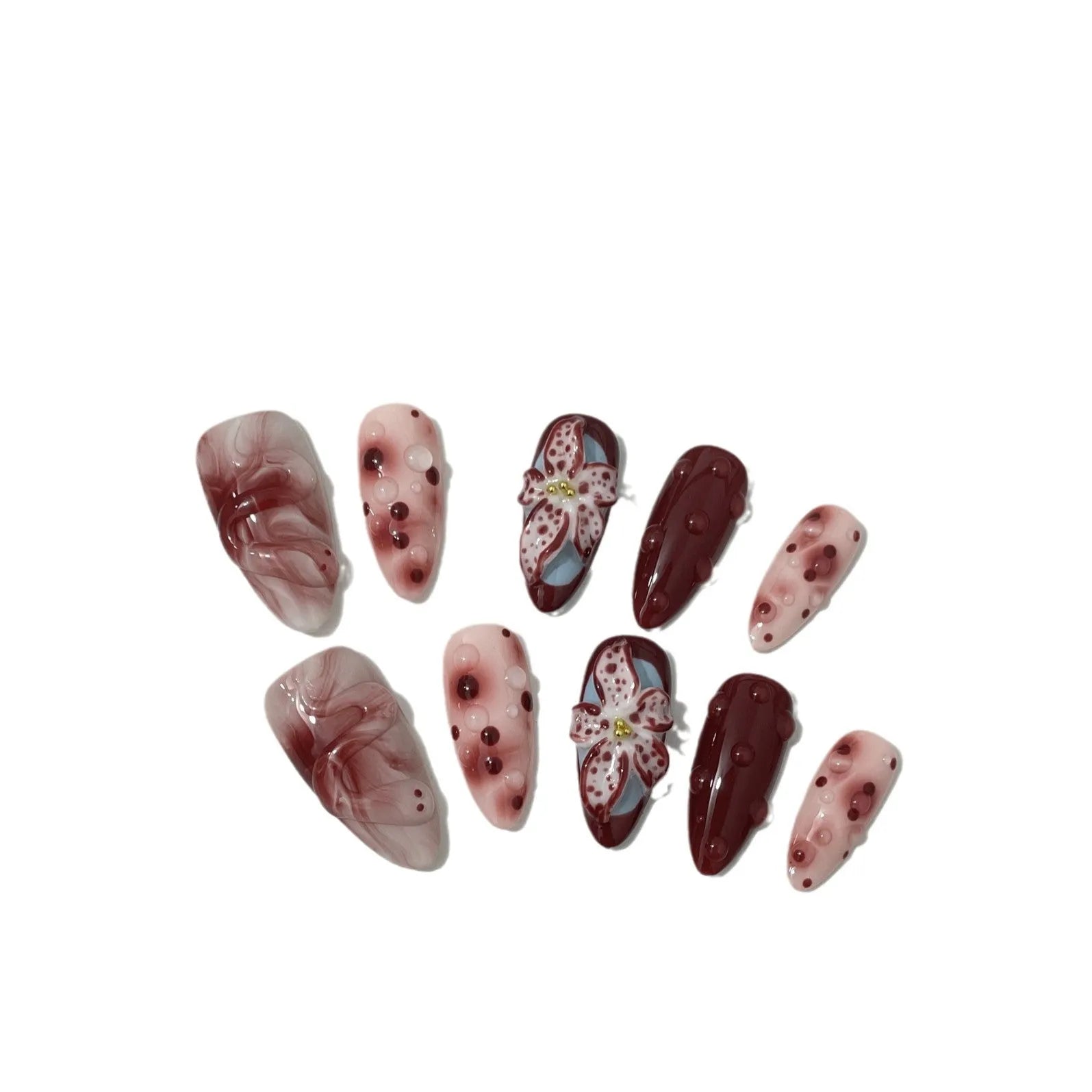 Hand-painted 3D carved manicure nail art set in almond colour with rose, tulip, and leopard print patterns