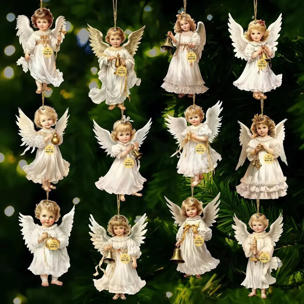 12-piece Victoria Angel wooden ornaments set in natural wood colour, density plate pendants for Christmas and party decoration
