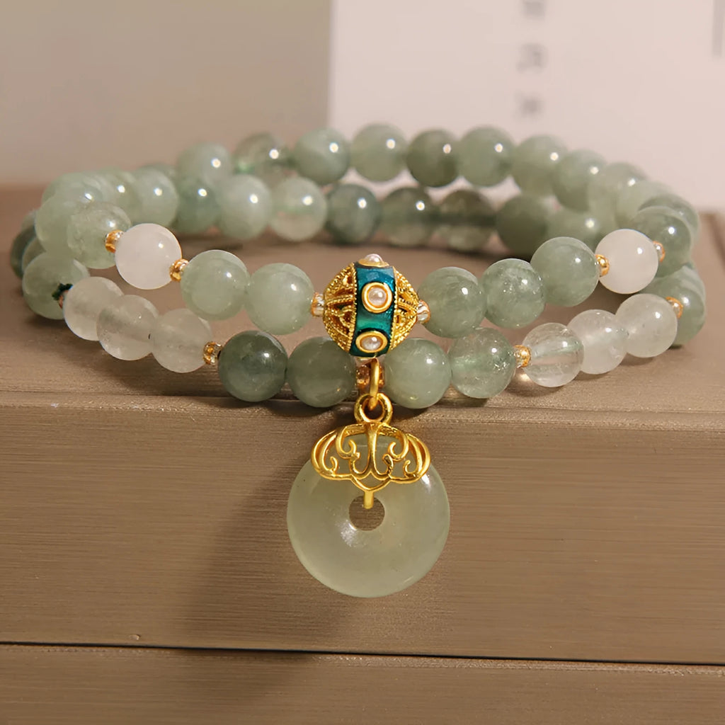 Women's green aventurine jade double-layer bracelet with crystal rhinestones and peace buckle closure