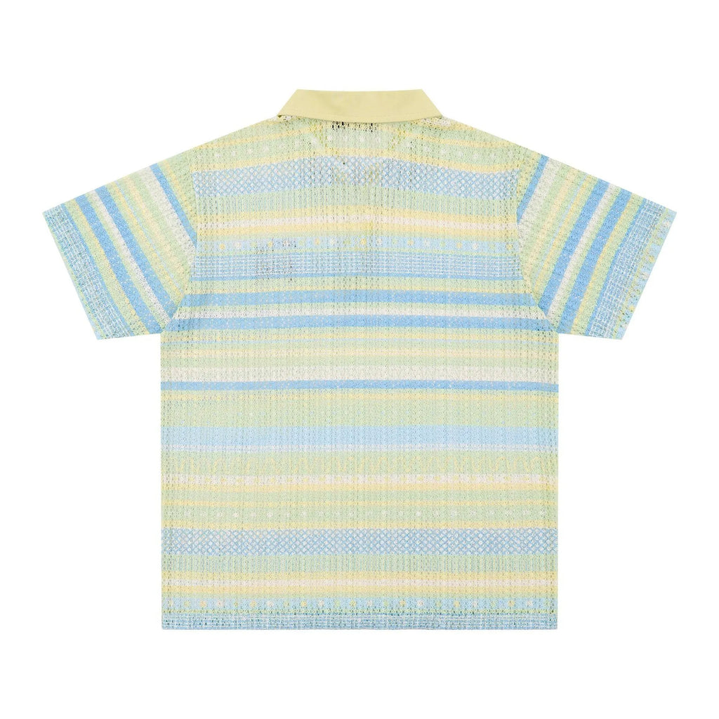 Men's blue and yellow printed short sleeve polyester shirt with loose fit design for casual wear