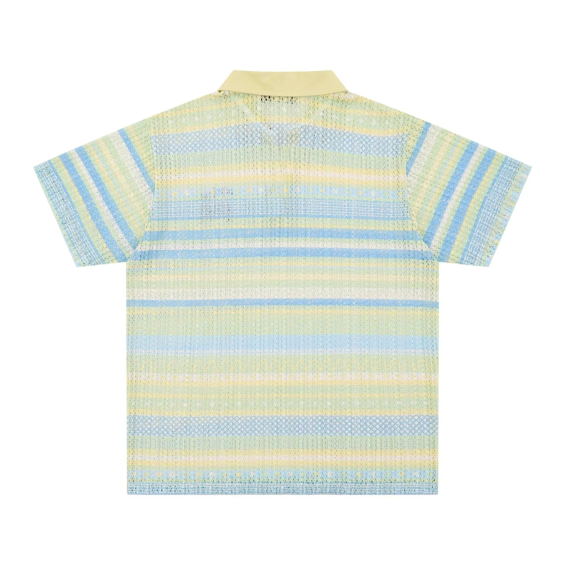 Men's blue and yellow printed short sleeve polyester shirt with loose fit design for casual wear