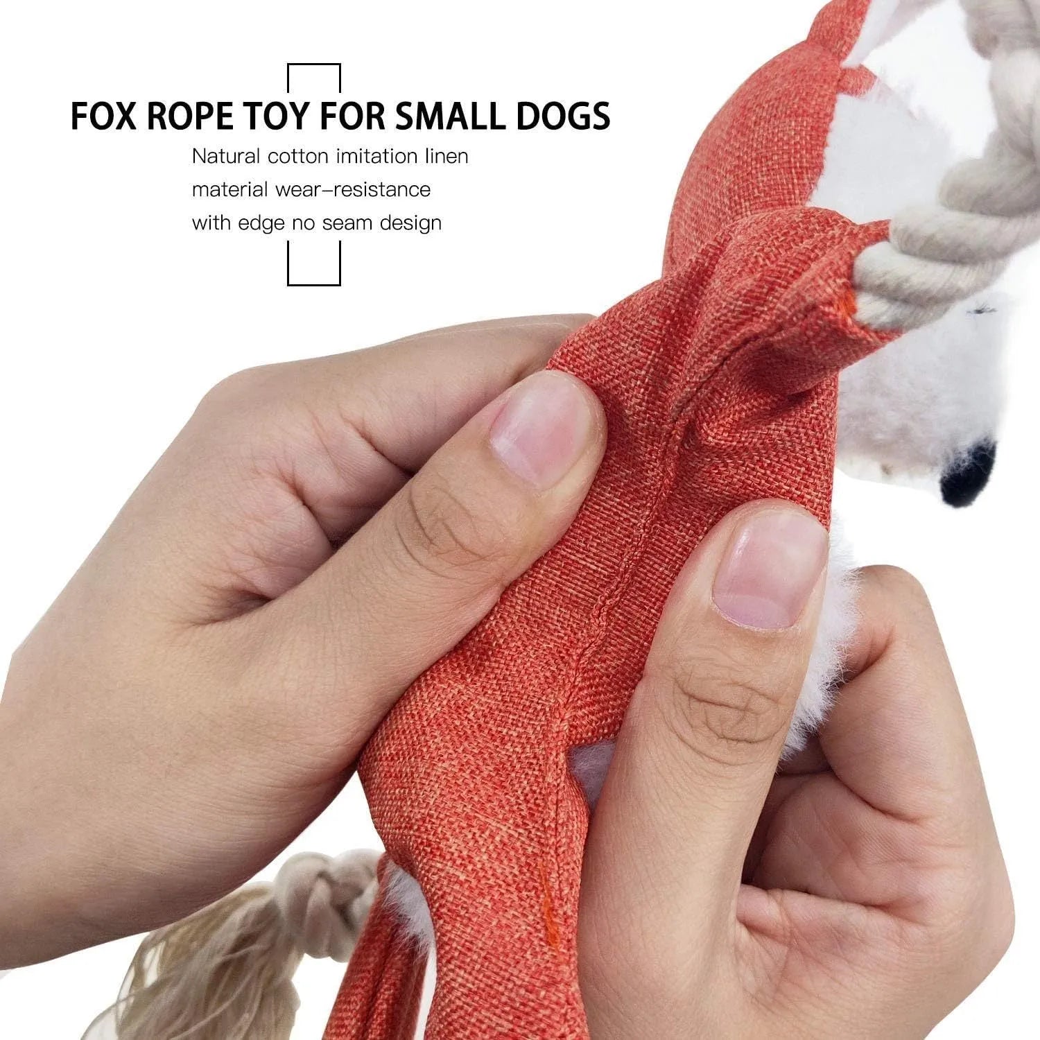 Brown fox dog toy with squeaker, crinkle paper, and cotton rope arms