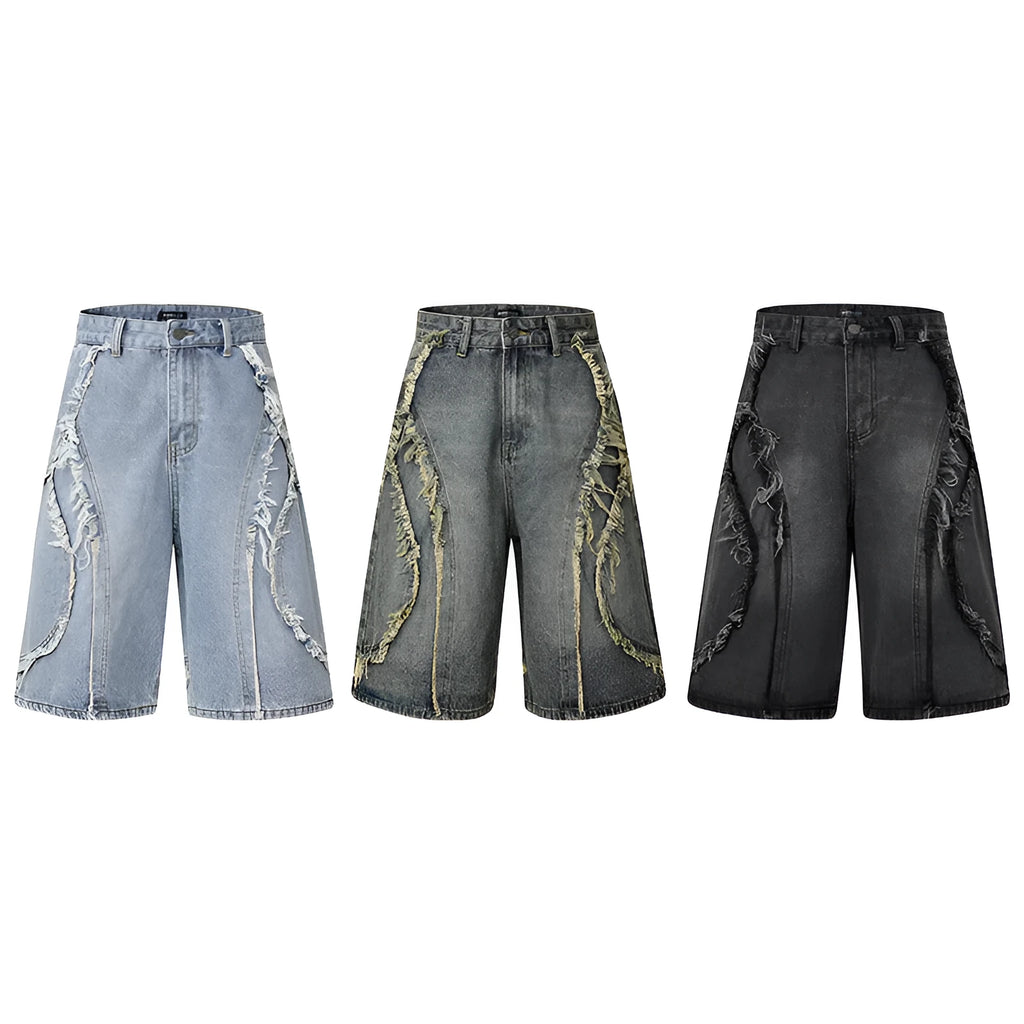 Distressed raw edge denim shorts in straight cut with cropped length for hip hop streetwear style