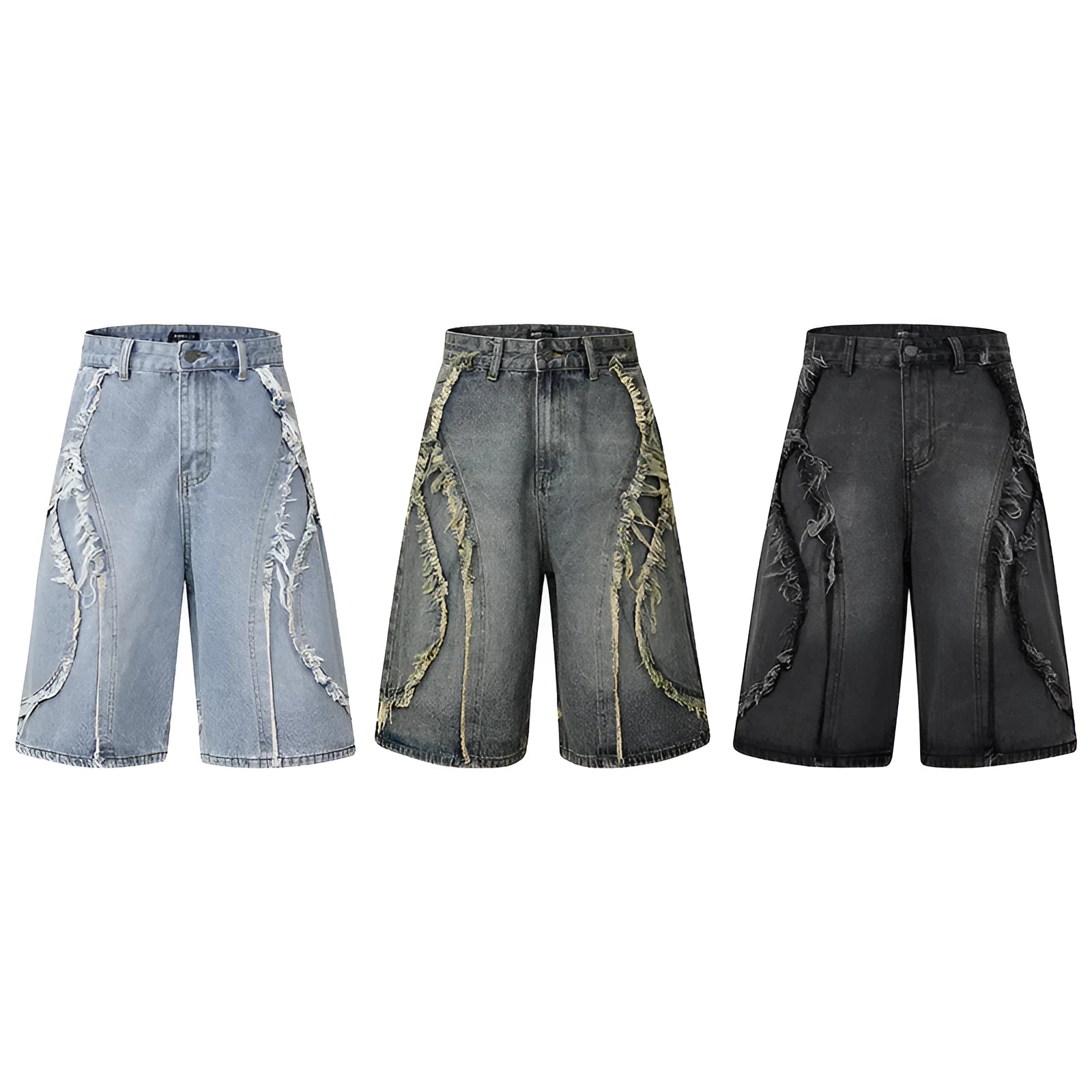 Distressed raw edge denim shorts in straight cut with cropped length for hip hop streetwear style