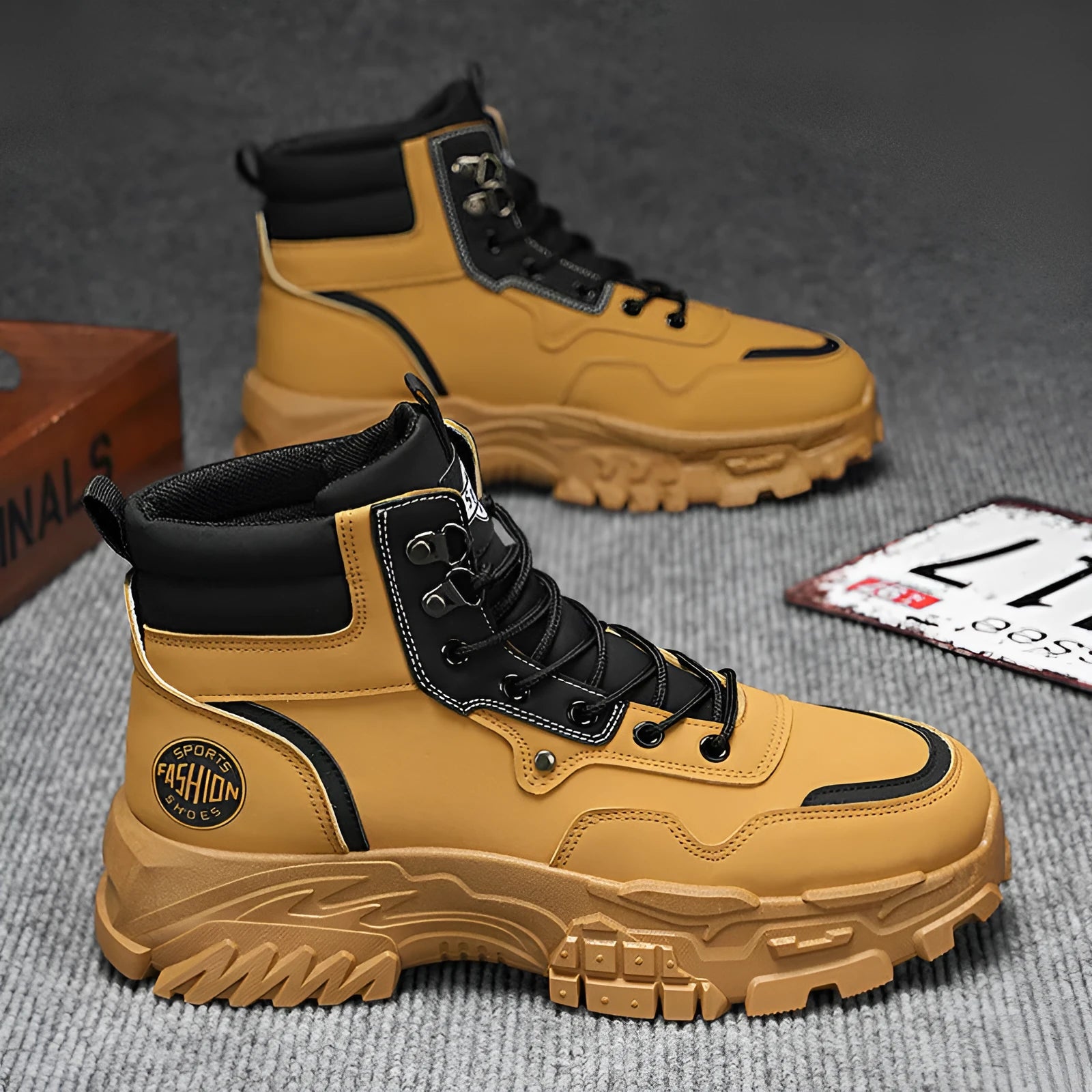 Men's yellow and black Martin high-top work boots with artificial PU upper and stout heel