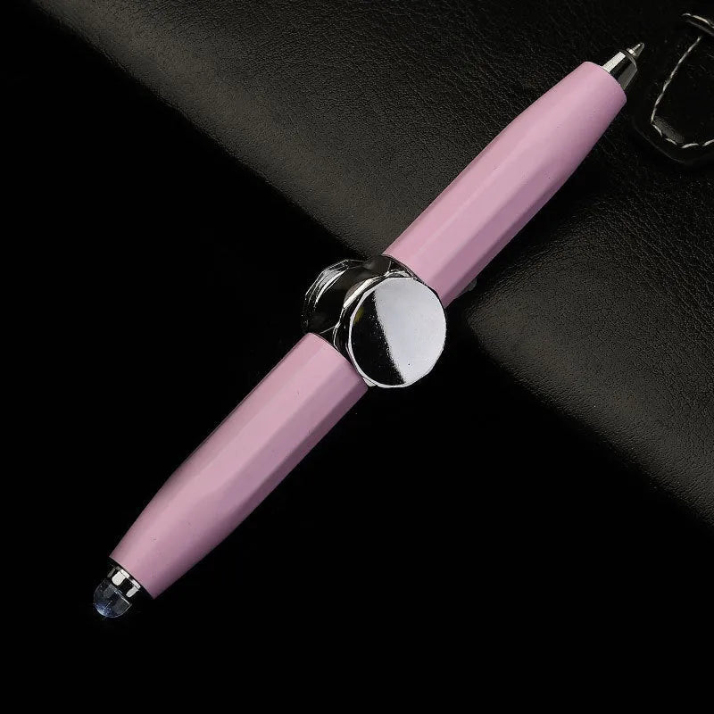Metal multi-function LED pen with spinning gyro component and ballpoint refill.