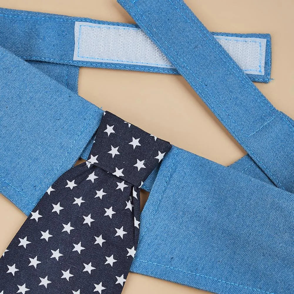 Denim dog collar with star pattern necktie in bow style, adjustable sizing for formal events