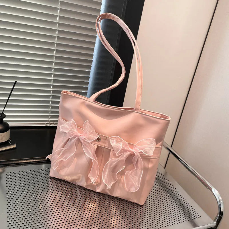 Black college style bow tote bag with large capacity and double shoulder straps