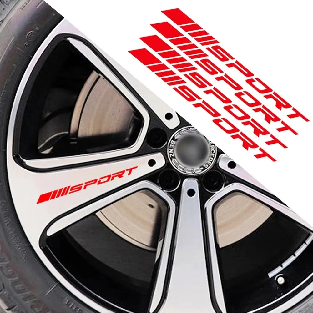 PET car rim sticker with hollow sports design in red, shown next to a 10 cm ruler.