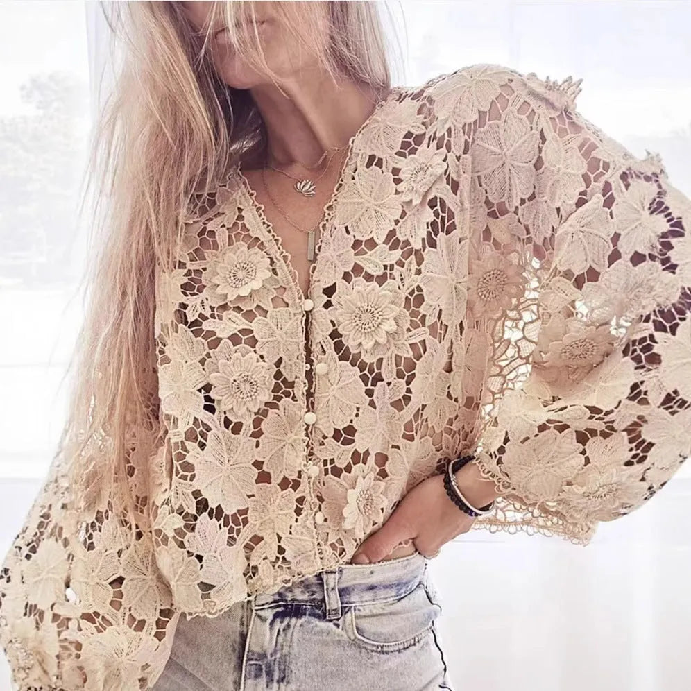Loose lace cardigan with three-dimensional floral embroidery in street fashion style