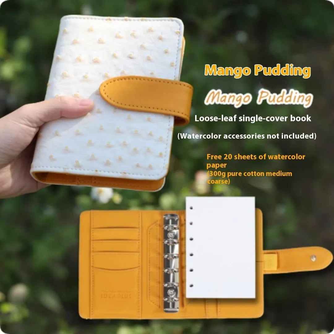 A7 mini loose-leaf watercolour notebook in one of five colours: green, brown, yellow, coffee, or dark green.