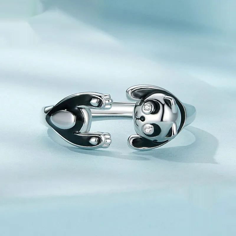 Cute panda adjustable open ring bracelet in sterling silver with white gold plating