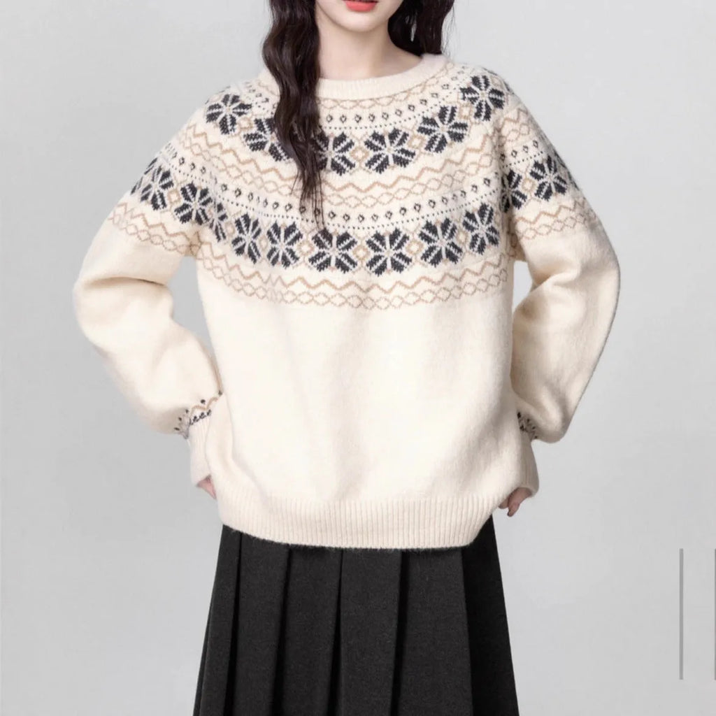 Women's Fair Isle crew neck pullover sweater with geometric pattern in milky white colour