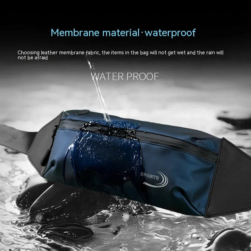 Men's blue waterproof sports waist bag made from Derm Oxford polyester with waist strap