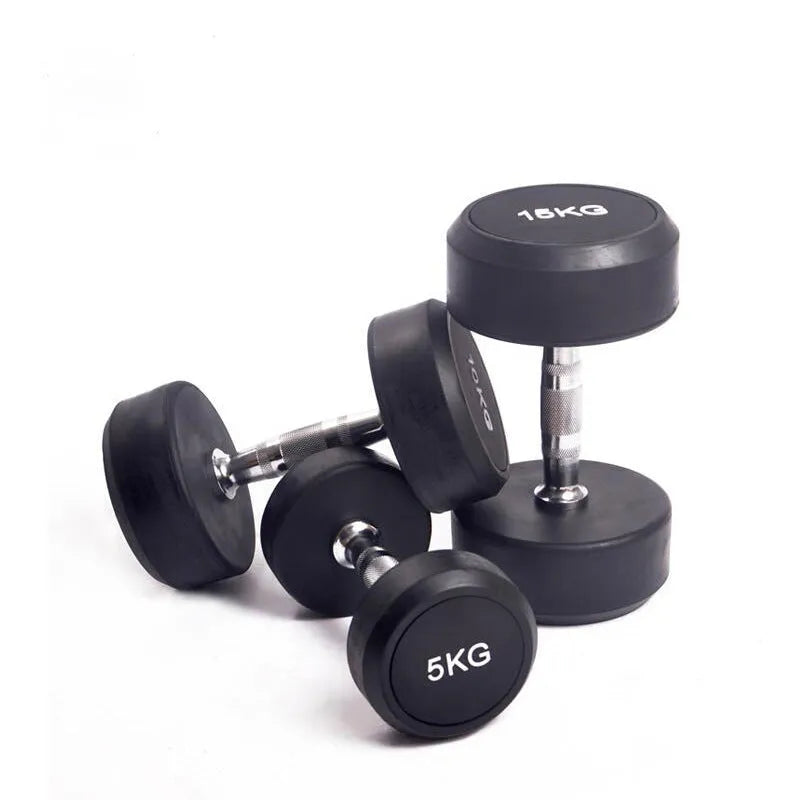 Black cast iron rubberised round head dumbbell, single fitness weight available in 1kg, 2.5kg and 5kg