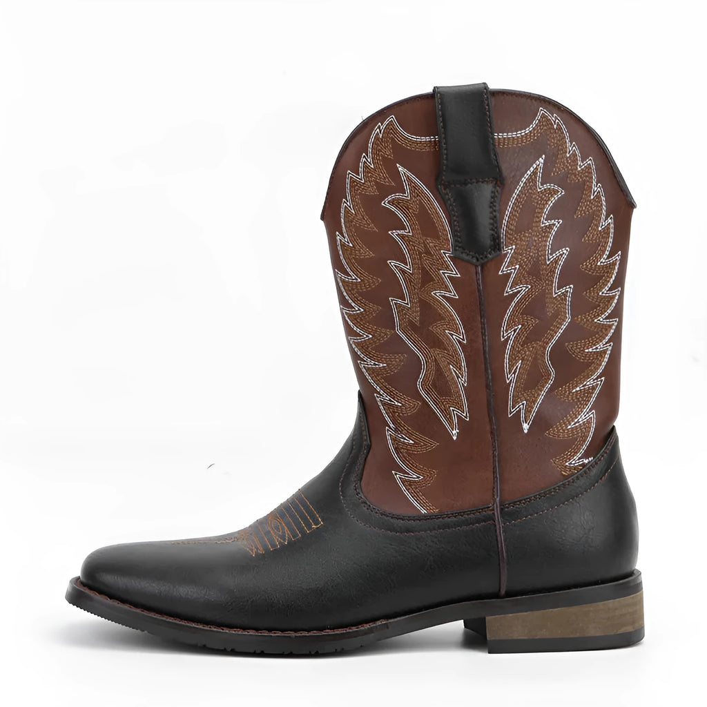 Men's black square toe Western motorcycle boots with embroidery and a mid-calf height.