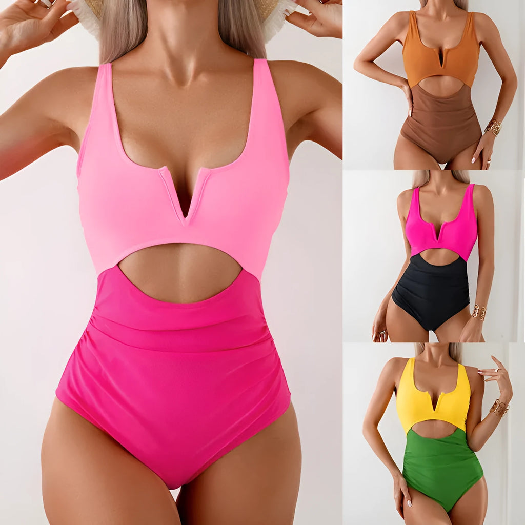 Women's one-piece swimsuit in a contrast colour design, shown in green, black, dark pink, or brown.