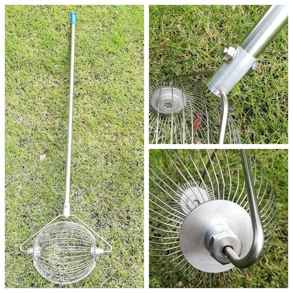 A metallic coloured 304 stainless steel golf ball picker on a green background.