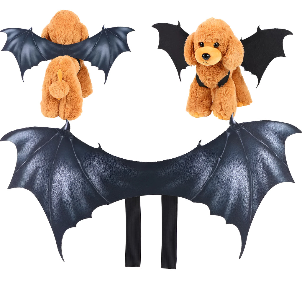Black bat wings Halloween costume for pets shown in three sizes for dogs and cats