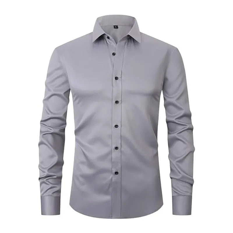Men's long sleeve stretch work shirt in polyester fabric on a hanger