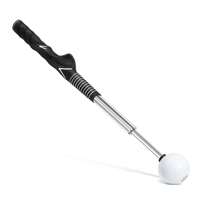 Telescopic golf swing simulator in stainless steel, shown in black, blue, and red colour options.