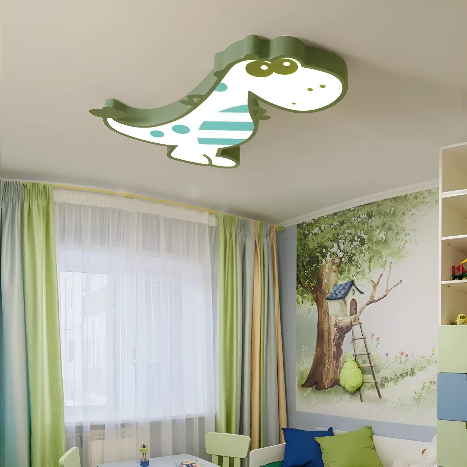 Dinosaur-themed 48cm ceiling light with aluminium body and PVC shade in green colour option