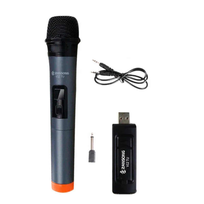 Black ZanSong V12 handheld dynamic microphone with USB receiver, audio cable, and adapter.