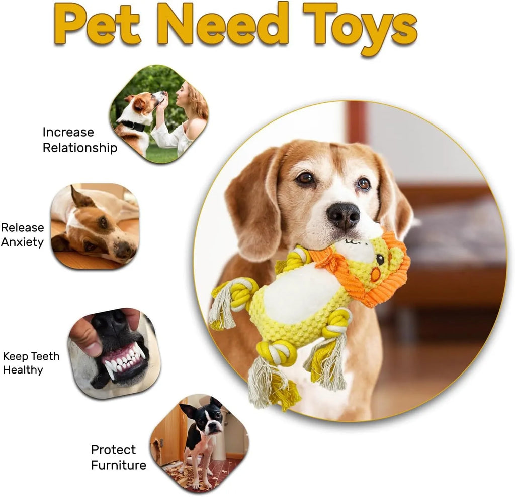 Plush lion and monkey squeaky dog toys side by side on a neutral background.