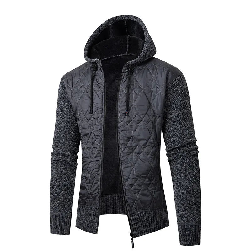 Men's grey hooded corduroy sweater coat with cinched cardigan styling