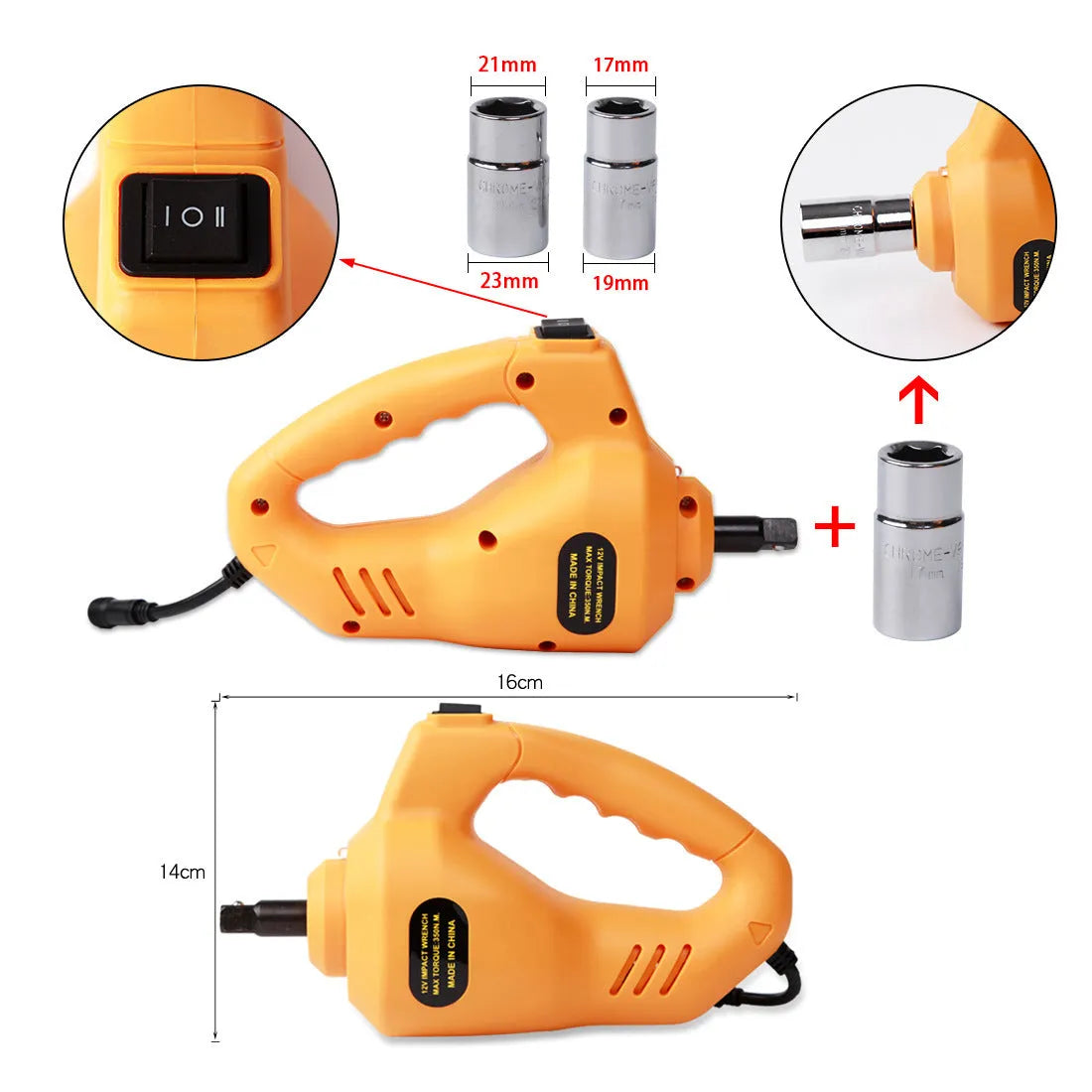 Yellow electric car jack set with wrench in carrying case for roadside tyre changes